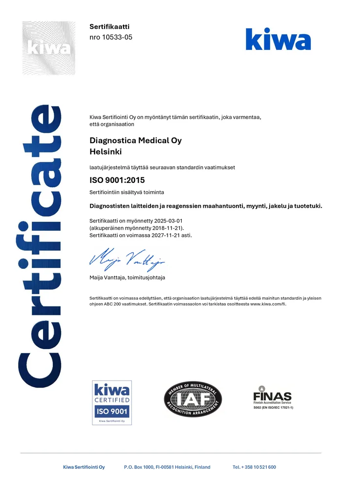 ISO 9001:2015 -sertifikaatti, Diagnostica Medical Oy, myöntäjä Kiwa Sertifiointi Oy, voimassa 21.11.2027 asti